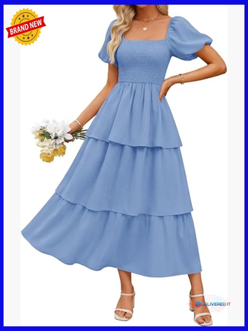 Lightweight Midi Dress with Puff Sleeves, Smocked Bodice, and Tiered Skirt